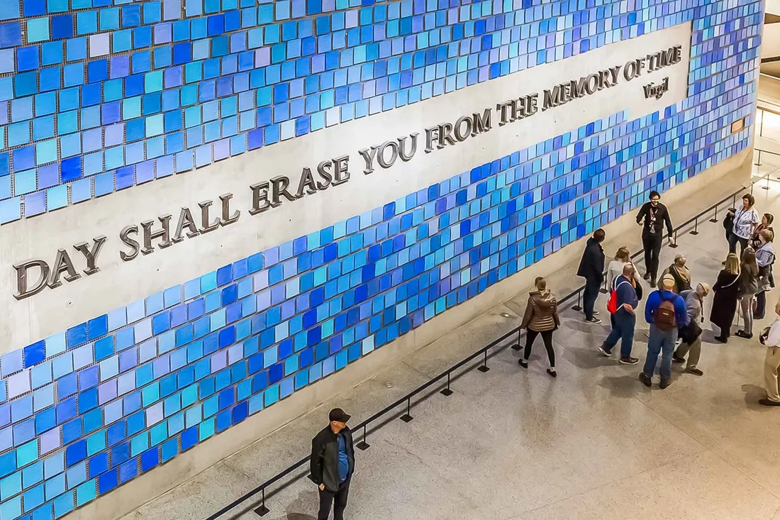 Spencer Finch's wall of blue tiles inside the 9/11 Memorial & Museum, a moving history museum in New York